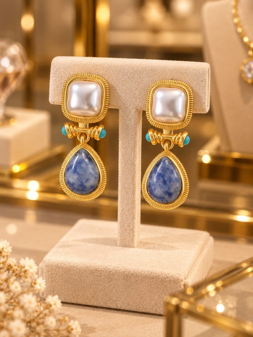 Gold-Plated Blue Stone Drop Earrings with Pearl Accent